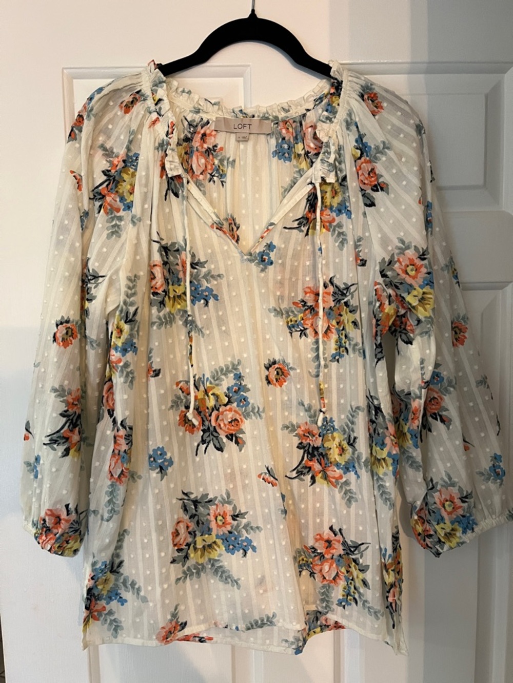 LOFT Cream Floral Tie-Neck Blouse